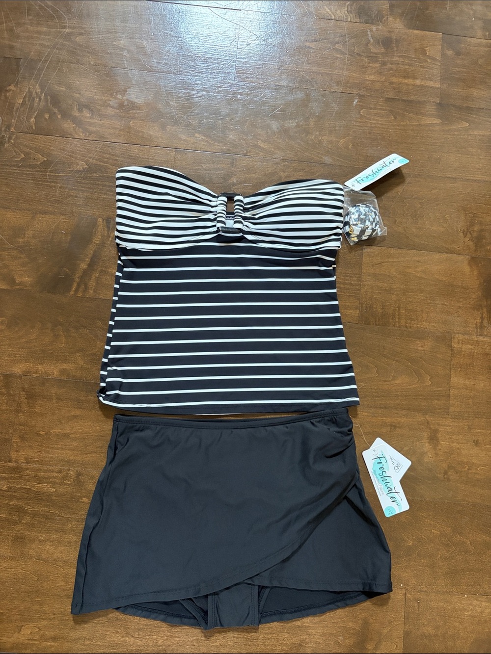 NWT FreshWater Striped Black & White Bandeau Tankini with Skirted Bottom, S(4-6)